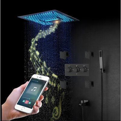 Tête de douche à pluie encastrée carrée noire 12 po x 12 po avec système de douche à 4 fonctions Bluetooth Wifi Music