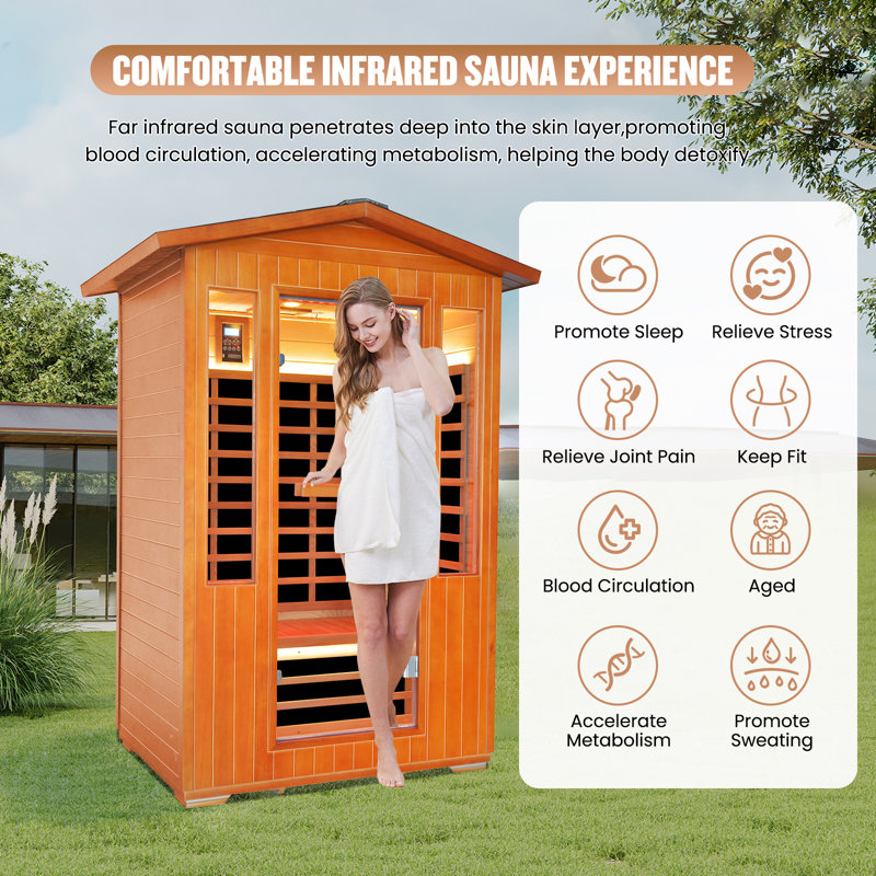 Outdoor Two Person Sauna Far Infrared Saunas Dry Sauna Room Red Cedar And Canadian Hemlock Wood Wooden Sauna Spa 2080w With 8 Heating Plate And Beauty Lamp 48.8*35.58*81.89 Inches