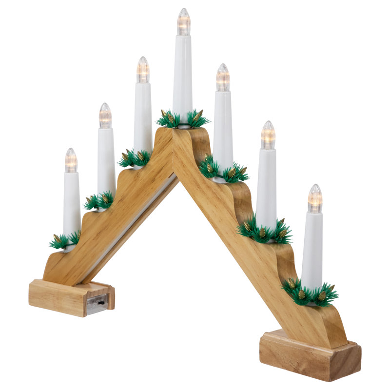 Pont candélabre de Noël à DEL - 13 po - Bois naturel - C6 lumières claires