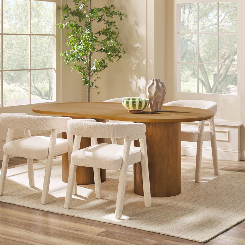 Modern 78" Oval Solid Oak Wood Dining Table With Pedestal Base, Seats 6, Medium Brown Oak