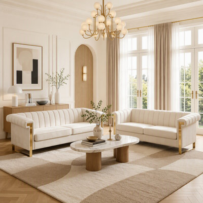 Ensemble de canapé moderne en velours 2 pièces avec pieds dorés, style chesterfield et siège profond pour un confort luxueux
