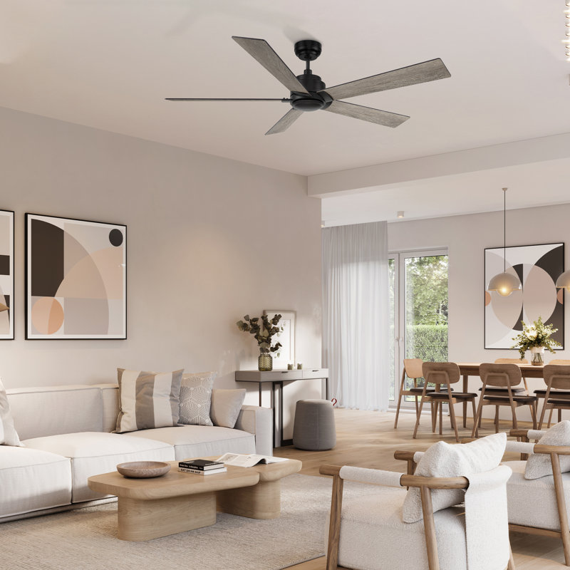  Ventilateur de plafond 60 po à courant continu noir sans lumière, télécommande, Noir avec pales noyer foncé et chêne gris