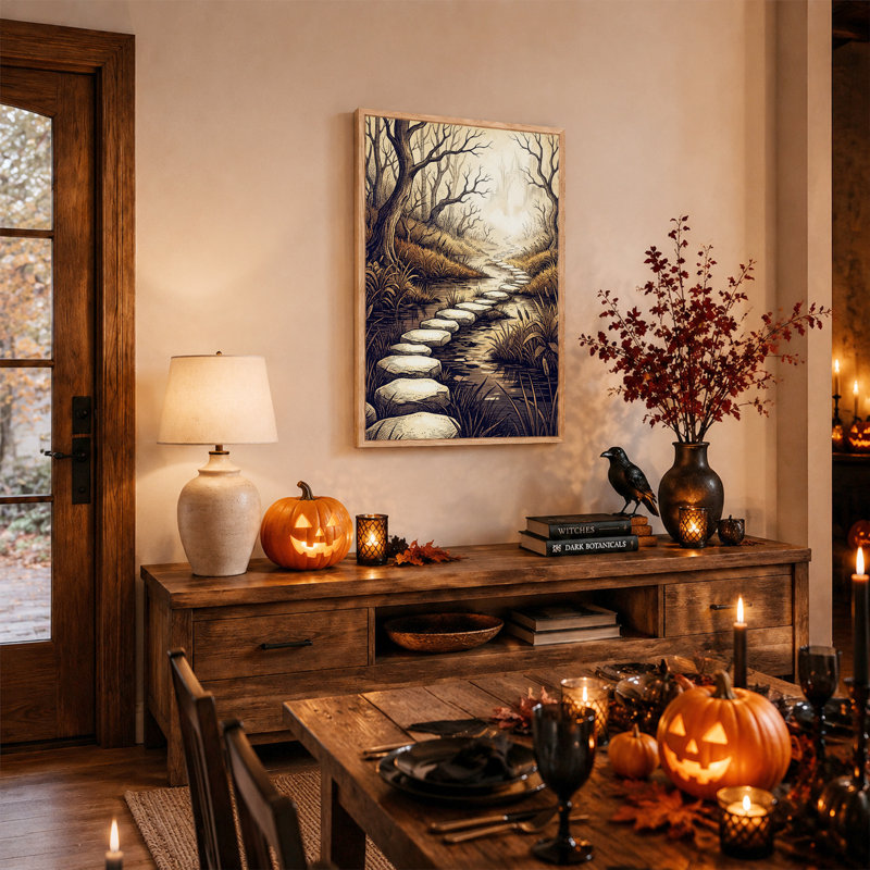 Toile murale d'Halloween représentant un chemin de dalles sépia à travers les bois, 48"H x 32"W