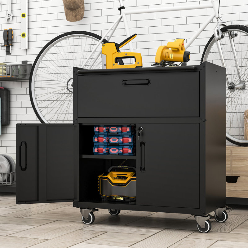 Mobile Heavy-Duty Garage Cabinet - 1 Drawer, Secure Locking System, Black And Grey Metal For Work 2 Doors, 360 Rotatable Wheels,