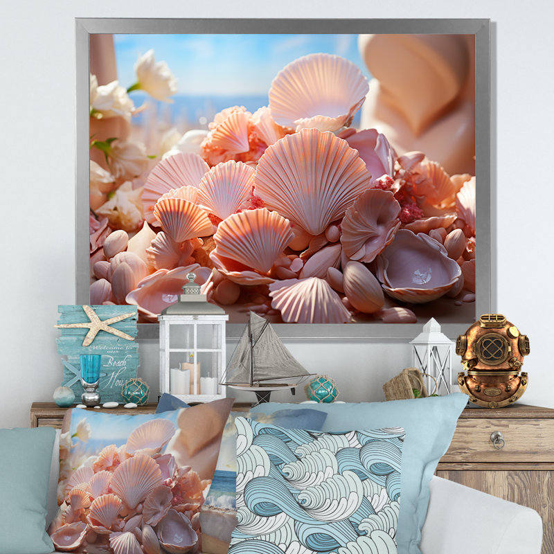 Coquillages romantiques sur toile, Cadre simple argenté, H 24 po x l 32 po x P 1 po