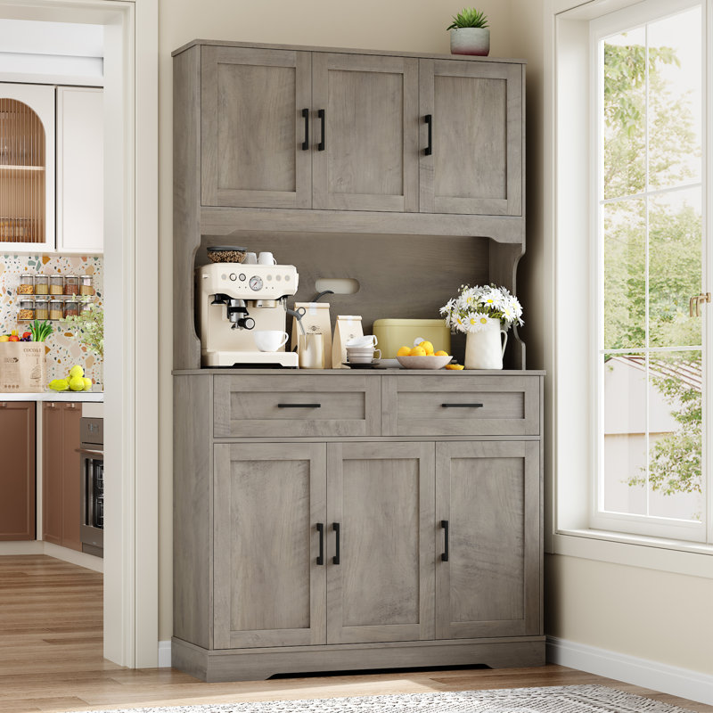 74" H Tall Wood Kitchen Pantry With Microwave Shelf And Drawers, Wash Grey