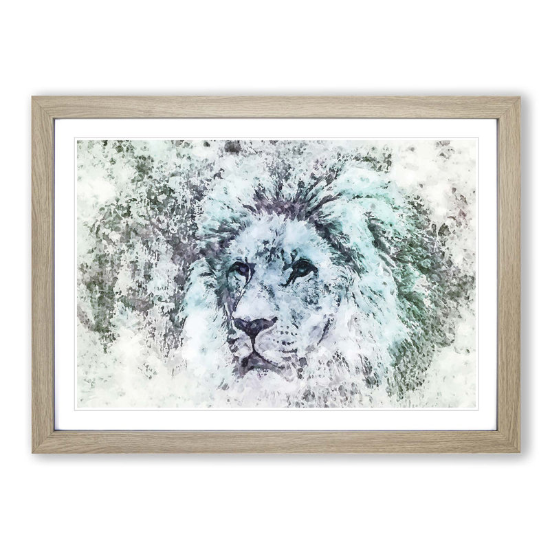 A Lion Portrait in Abstract - Picture Frame Painting Print on MDF, Oak Framed, 48cm H x 65cm W x 2cm D