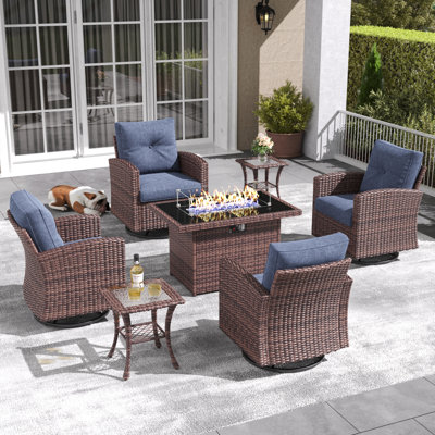 Lark Manor™ 7 Pieces Patio Furniture Set with Swivel Chairs, Rattan Wicker Rocking Glide Chairs with 44" Propane Gas Fire Pit Table Conversation Set