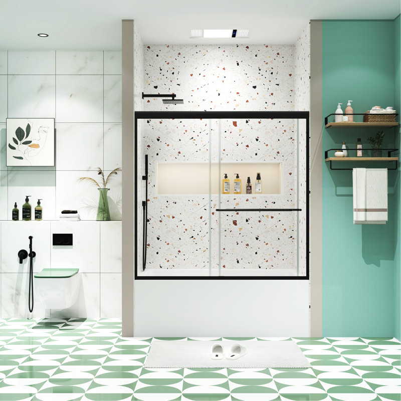 Contournement de porte de douche, 56 à 60 po x 58 po, verre trempé de 1/4 po, finition noir mat, système de coulissement en douceur Nano Easy Clean, système de nettoyage de salle de bain,