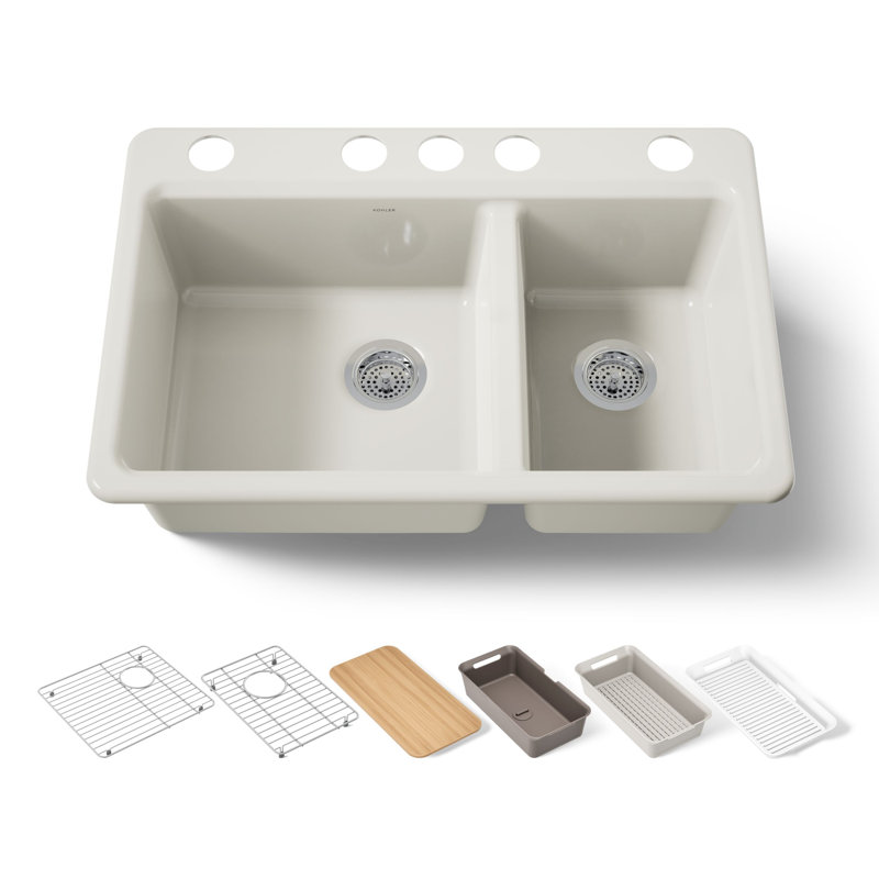 Riverby 33" undermount double-bowl workstation kitchen sink, Biscuit