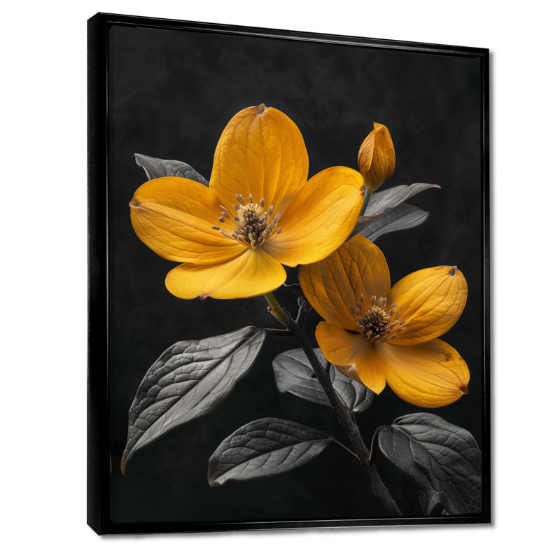 Monochromes jaune noir et noir cornouiller photo II - cornouiller art mural salon, Cadre flottant noir, H 34 po x l 44 po