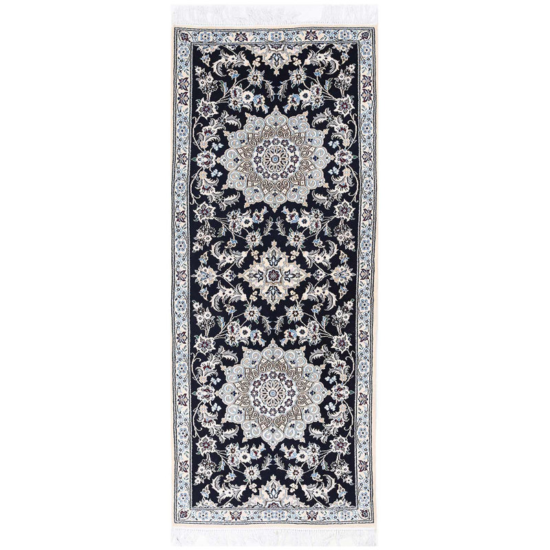 Navy Blue Fine Hand Knotted Persian Silk & wool Nain 2'9"X 6'9"