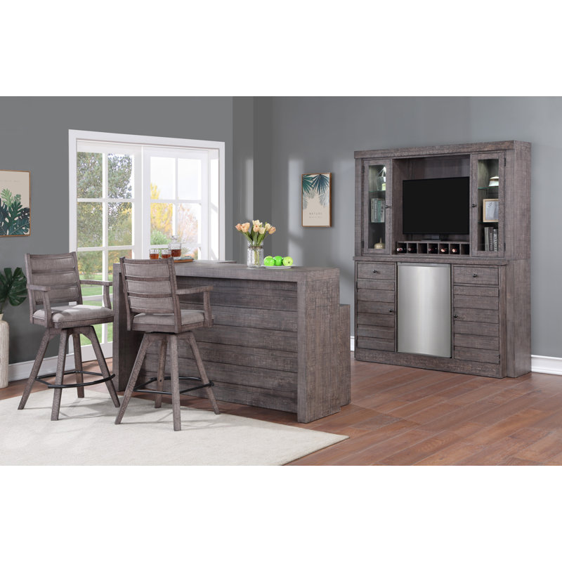 Dark Gray Distressed Solid Wood Home Bar with Storage