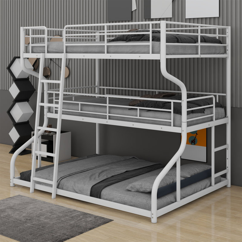 Full XL Over Twin XL Over Queen Triple Bunk Bed with Dual Ladders and Safety Guardrails, Black Metal Frame, White