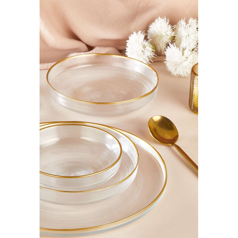 Service de table élégant 18 pièces, 100% verre | Comprend 6 assiettes de service (11,0 po), 6 assiettes (8,3 po), 6 bols (5,9 po) | Conception élégante et transparente, parfaite pour les repas formels | Ne va pas au lave-vaisselle ni au micro-ondes