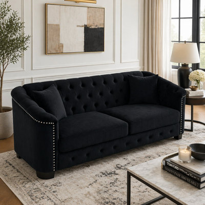 Canapé en velours Chesterfield de 77 pouces de style moderne, canapé 3 places, dossier capitonné capitonné avec accoudoirs cloutés et 2 coussins pour le salon, la chambre à coucher, un appartement ou un bureau