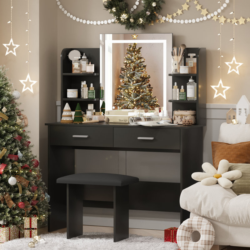 Greyden Vanity Set with LED Mirror & Stool, Black