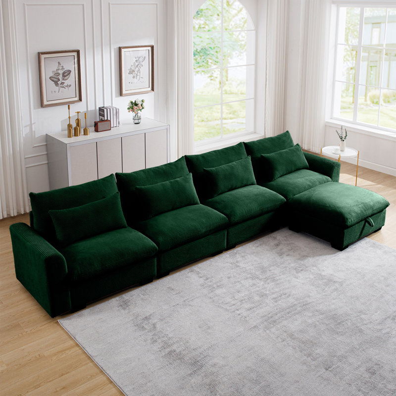 Grand canapé modulaire en forme de L en velours côtelé avec quatre coussins de taille et repose-pieds avec rangement, Vert