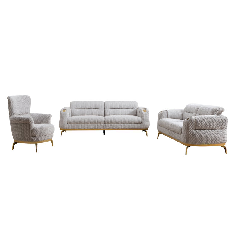 Ensemble de salon 3 pièces de style moderne (canapé + causeuse + chaise), Gris