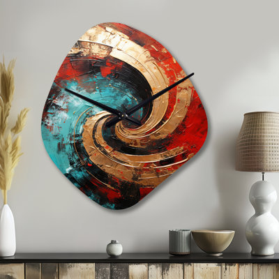Red Blue Majestic Motion Spiral III - Abstract Spirals Asymmetrical Metal Wall Clock, Red Unique Shape Metal Clock Print