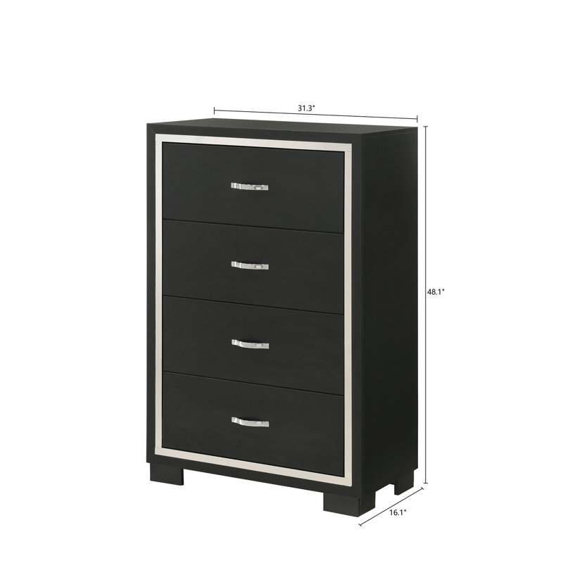 Meuble de chambre à coucher moderne à 1 tiroir Glam 4 tiroirs avec poignées en métal noir