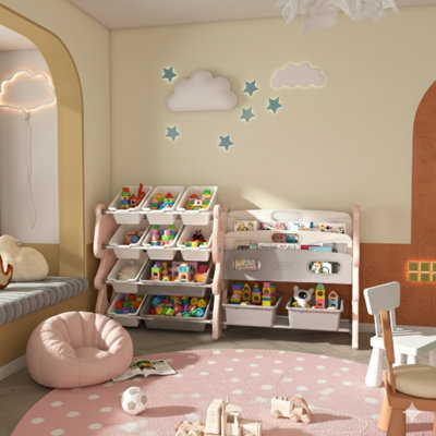 Children's Toy Storage Organizer, Toy Organizer With Two-Tier Bookshelf, Toy Storage Unit With Shelf And Twelve Toy Bins, Kids Bookshelf And Toy Storage For Playroom, Bedroom, Child's Room, Or Classroom (Pink Colour)