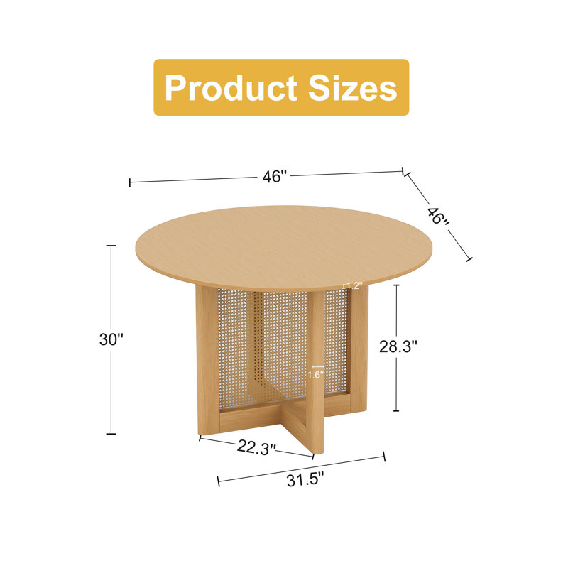 Table de salle à manger ronde en bois massif avec piédestal en rotin, H 30 po x L 46 po x l 46 po, Bois naturel