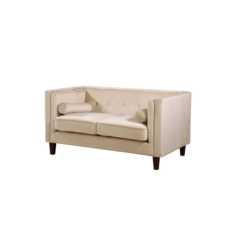 Causeuse en velours capitonné Chesterfield, Polyester ivoire, Ivoire ivoire