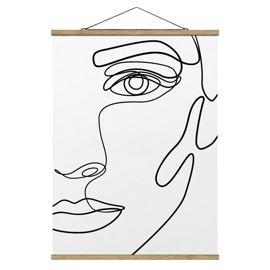 Stoffbild Mit Posterleisten - Line Art Portrait Frau Schwarz Weiß - Hochformat 4:3