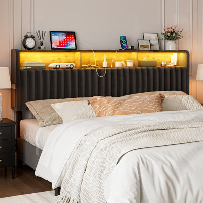  California King Headboard Only With Storage, Adjustable Height, Velvet Upholstered Cal King Head Board With Led Lights & Charging Station, Modern Freestanding Headboard, Easy Assembly, Black