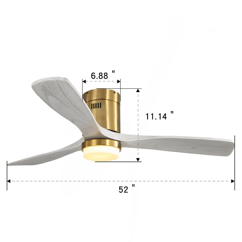 Ventilateur de plafond décoratif 52 pouces avec lumière DEL à intensité variable, télécommande 6 vitesses, 3 pales en bois massif, moteur à courant continu réversible pour le salon