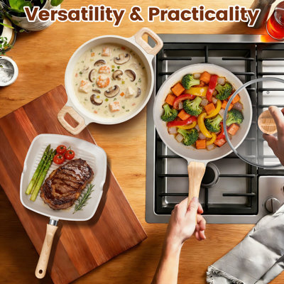 27pcs Pots And Pans Set, Nonstick Ceramic Cookware Set, Healthy Kitchen Cooking Set With Gloves, Apron, Silicone Tools & Pot Protectors, Oven & Dishwasher Safe, Pfoa/pfos Free，ivory