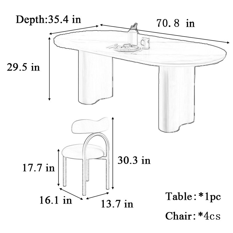 Table et chaises de salle à manger ovales de style crème, H 29,5 po x L 70,8 po x l 35,4 po