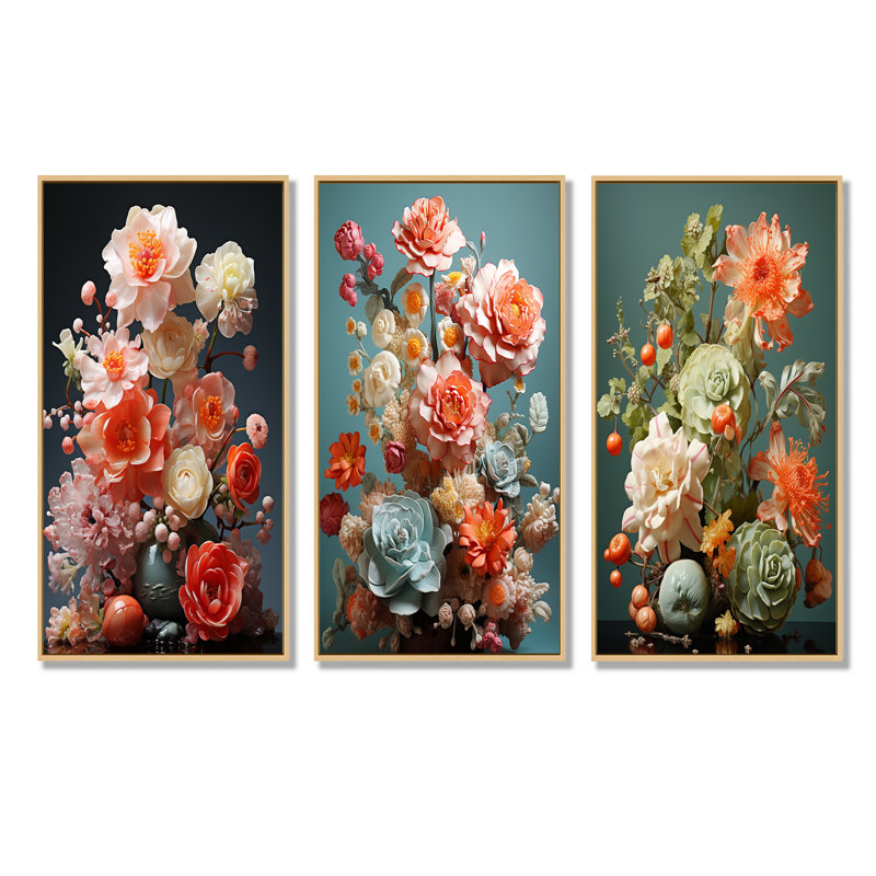 Floral Oasis Bouquet I - Fleurs, ensemble de 3 reproductions d'art mural, Cadre flottant brun, H 28 po x l 36 po