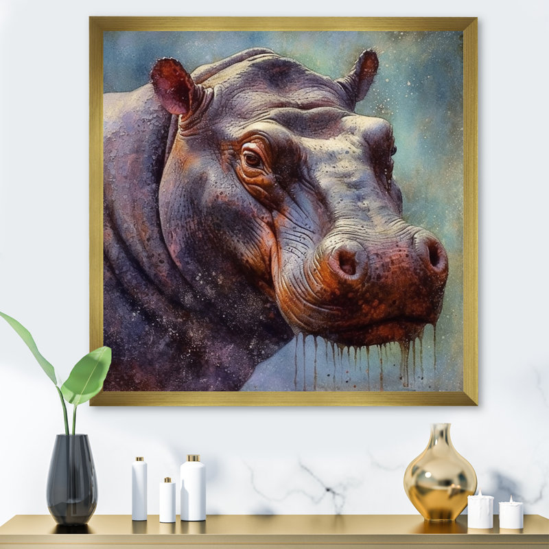 Hippopotame - animaux, art mural sur toile, H 24 po x l 24 po x P 1 po, Cadre doré à une seule photo