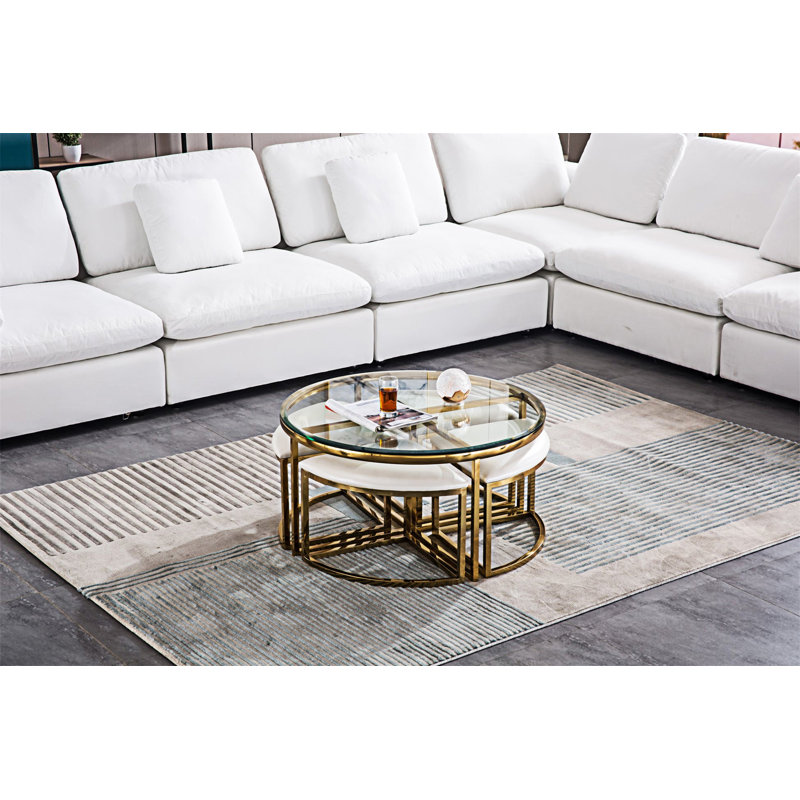 Tubac 35"W Nesting Round Glass top Coffee Table with PU Upholstered stool