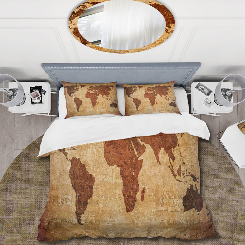 Ancienne carte du monde - ensemble de housse de couette rétro - microfibre de polyester