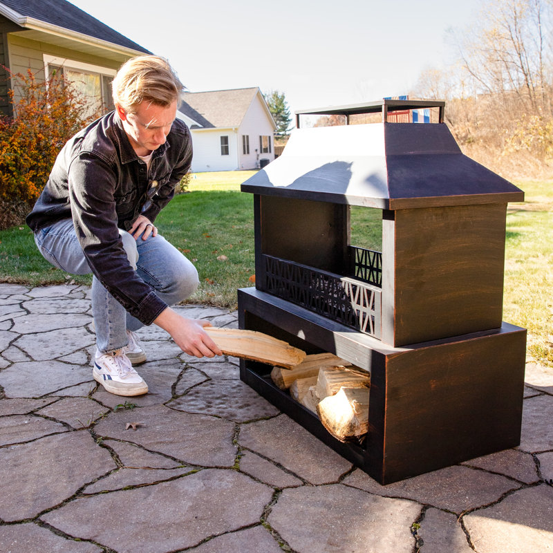Bronze Steel Outdoor Fireplace with Log Storage and Pavilion Roof