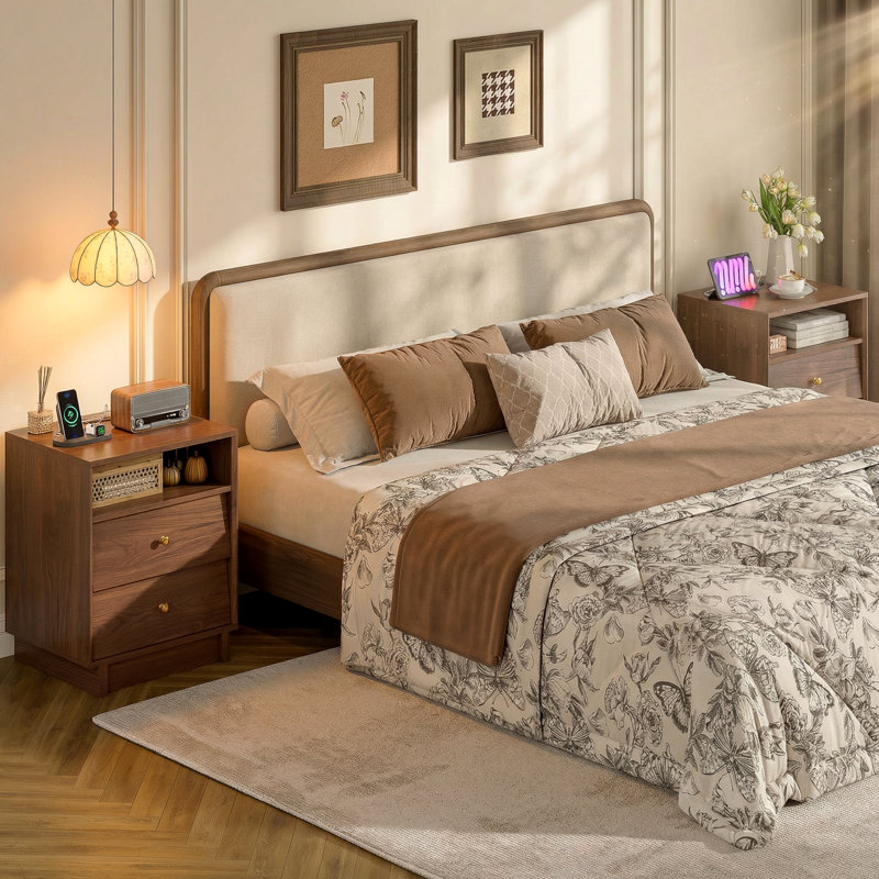Nightstands Set With Charging Station, Mid Century Modern 19'' Bedside Table, Wooden End Tables With 2 Storage Drawers And Open Shelf For Bedroom, Walnut (Set of 2) 