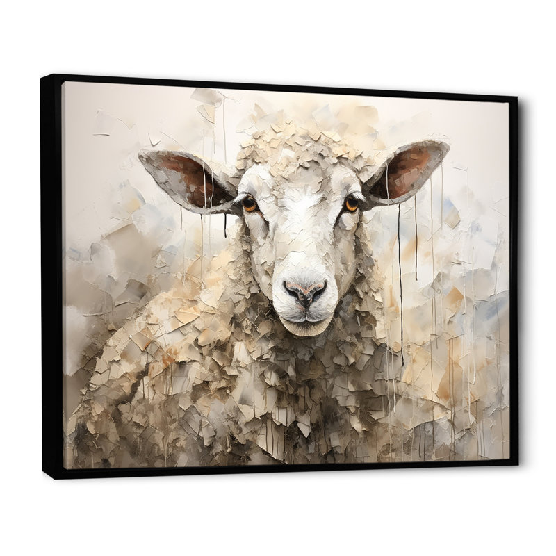 Cozy beige minimaliste mouton II - mouton, art mural, H 24 po x l 32 po x P 1 po, Cadre flottant noir