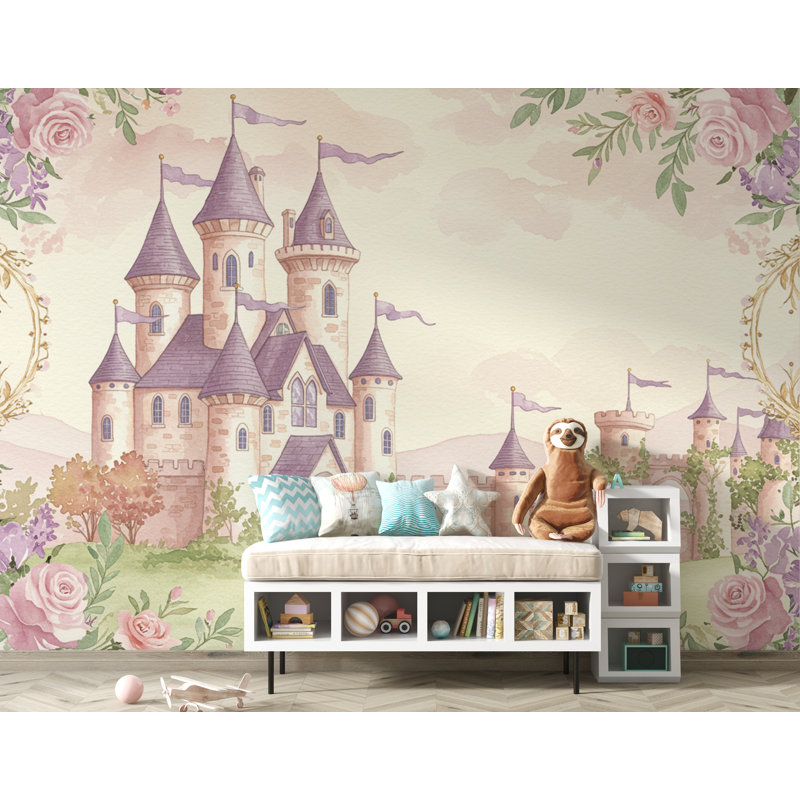 Papier peint château de luxe féerique - princesse, aquarelle pastel, L 165 po x l 120 po, Premium Non-Woven
