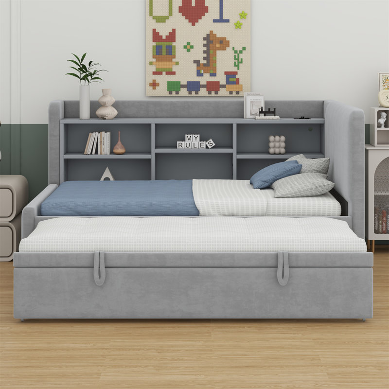 Lit de jour rembourré avec lit gigogne, tablettes de rangement, port USB et prise de courant, Gris
