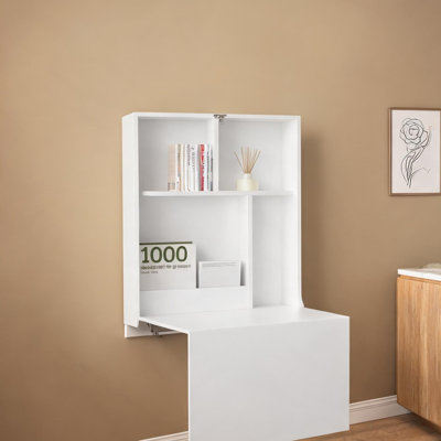 Bureau flottant avec quatre tablettes, table pliante murale, panneau de particules blanc doux, déplié l 33,3 x P 23,7