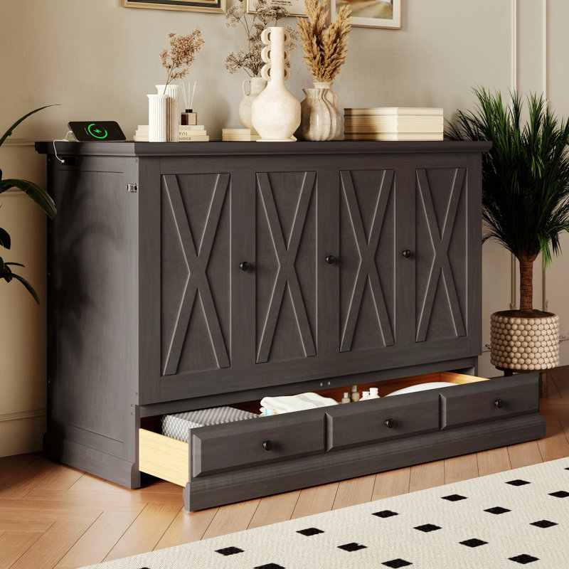 Structure de lit de style moderne, lit escamotable en bois avec station de charge et tiroir de rangement pour les petites pièces