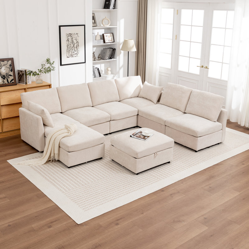 Miller X - Piece Upholstered U-Shaped Sectional Sofa With Two Storage Ottomans, Beige, 33" H x 112" W x 90" D