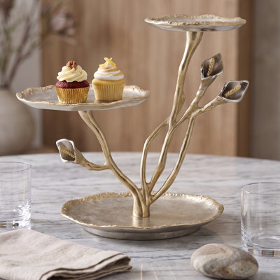 3-Tier Calla Lily Aluminum Decorative Tray Stand in Gold and Silver