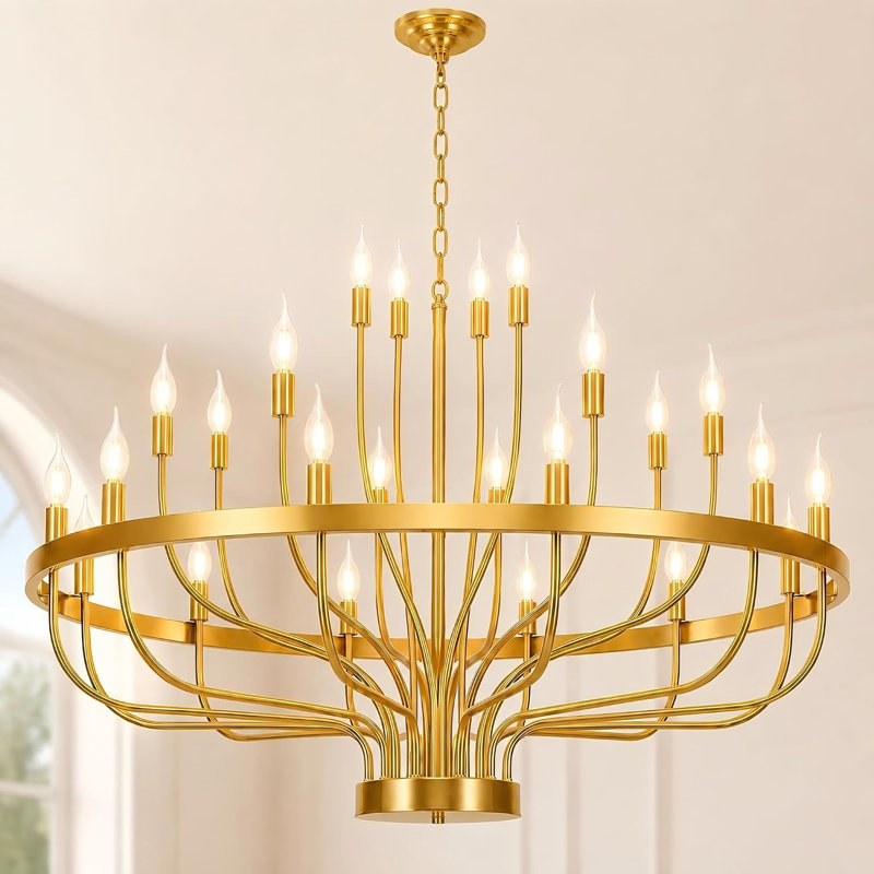 Grand lustre doré à 24 lumières, 99 cm (39 po), style roue de chariot, 3 niveaux, chaîne réglable, idéal pour les hauts plafonds (entrée, salle à manger, salon).