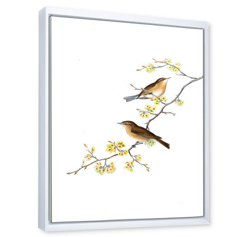 «Little Birds On The Tree Branches II», peinture sur toile, H 20 po x l 12 po x P 1po, Cadre flottant blanc