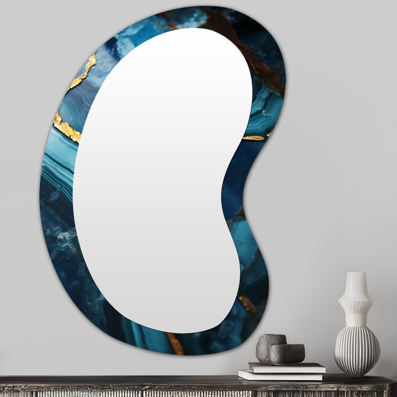 Fernandito Teal Agate Waves of Glam Gold I - Marble Asymmetrical Decorative Mirror, Modern Unique Shape Wall Mirror, Printed Metal Art