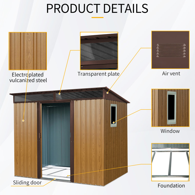8 X 6 Ft Outdoor Metal Shed For Patio - Waterproof & Rust- Lawn, 78.78" H x 91.72" W x 69.92" D, Coffee